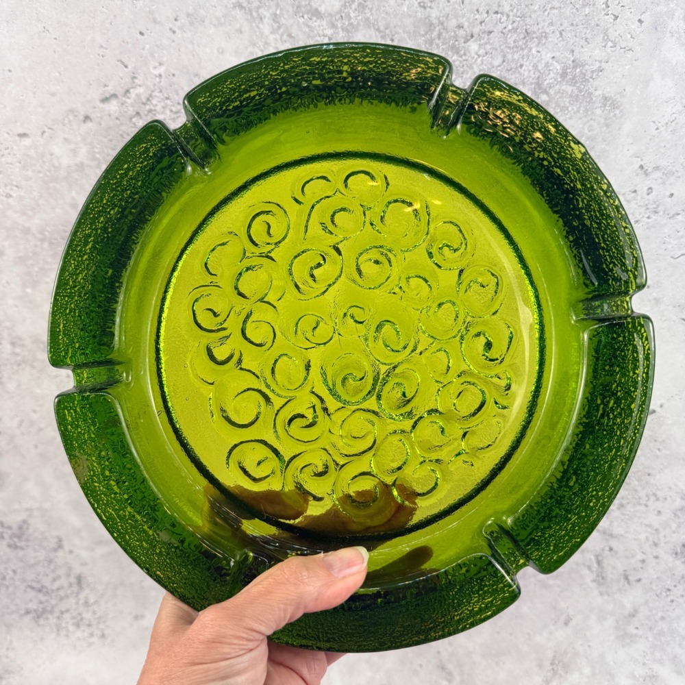 Blenko 675 Swirl Ashtray Olive Green 9" Art Glass MCM Joel Myers‎